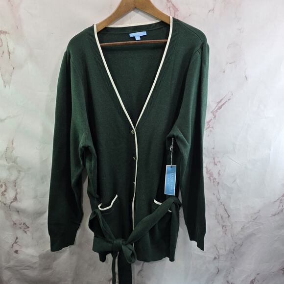 Draper James Sweaters - Draper James Sweater Womens 2X Dark Green Cardigan Tie Bow White Trim
